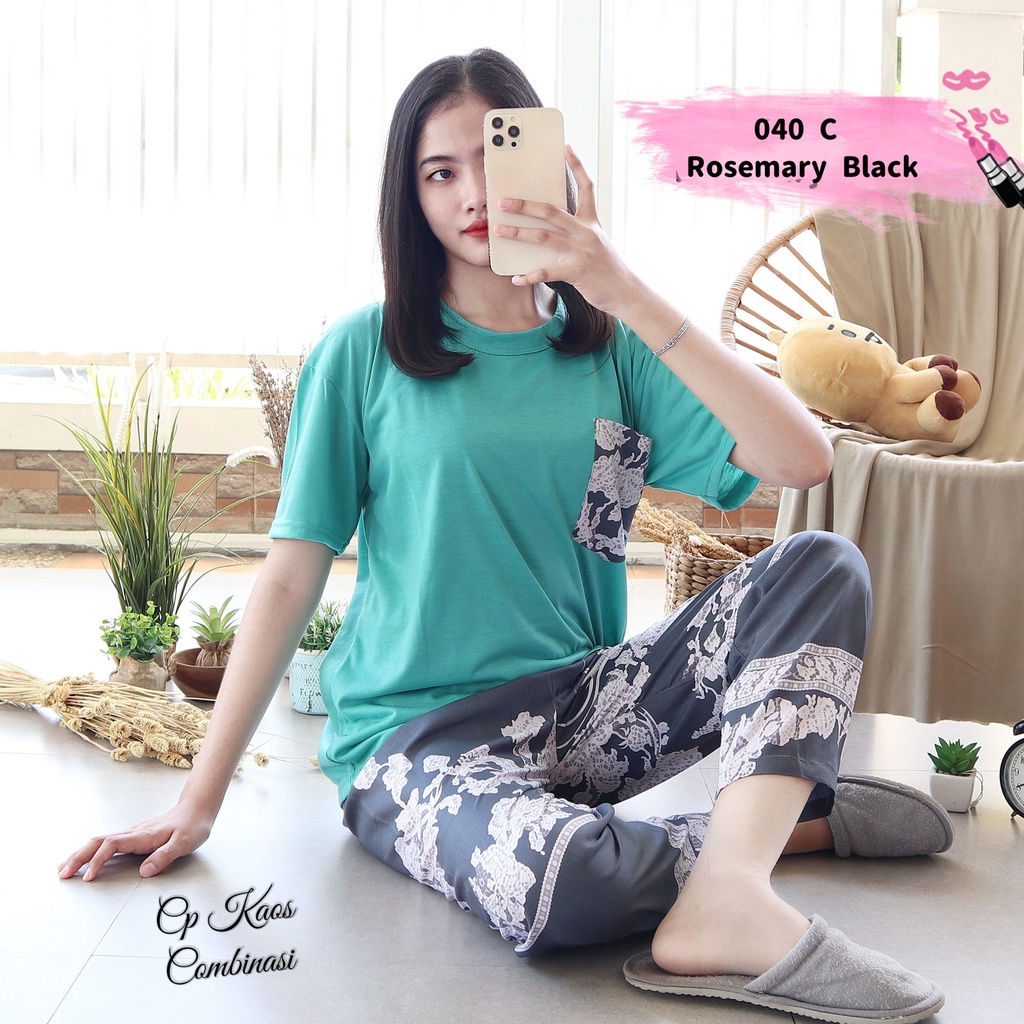 IZANY Piyama Dewasa CP Oblong Kaos Celana Panjang Rayon Fit to XL-040 ROSEMARY BLACK