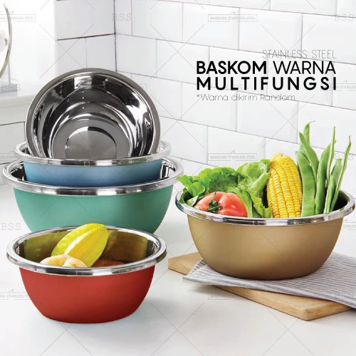 Baskom Besar Warna 30cm Random Multi Fungsi Cuci Sayur Wadah Makanan Mixing Adonan Stainless