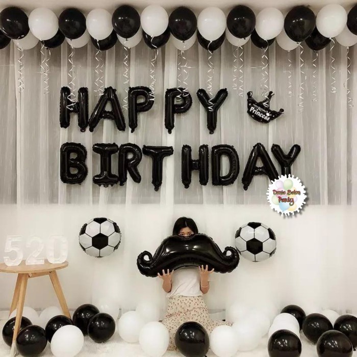 Paket Dekorasi Ulang Tahun / Happy Birthday Hitam Putih Kumis