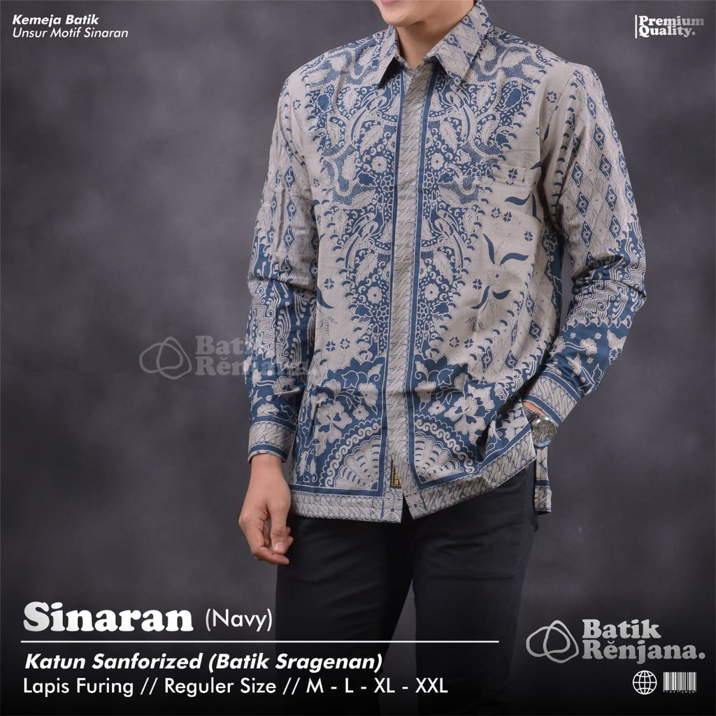 SINARAN NAVY Kemeja Baju Batik Pria Dewasa Lengan Panjang Premium Lebaran Asli Solo RENJANA