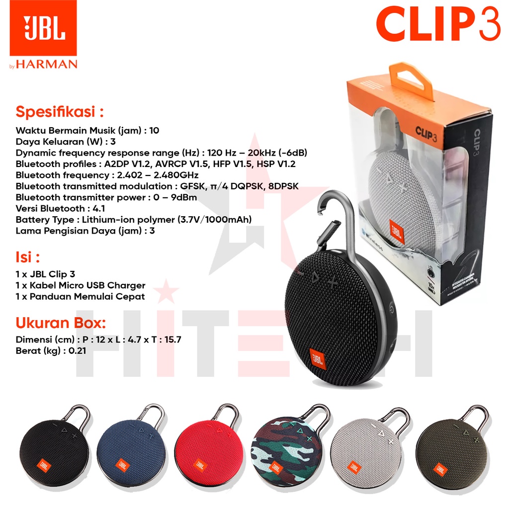 Speaker Portable JBL CLIP3 Wireless Bluetooth JBL Clip3 IPX7