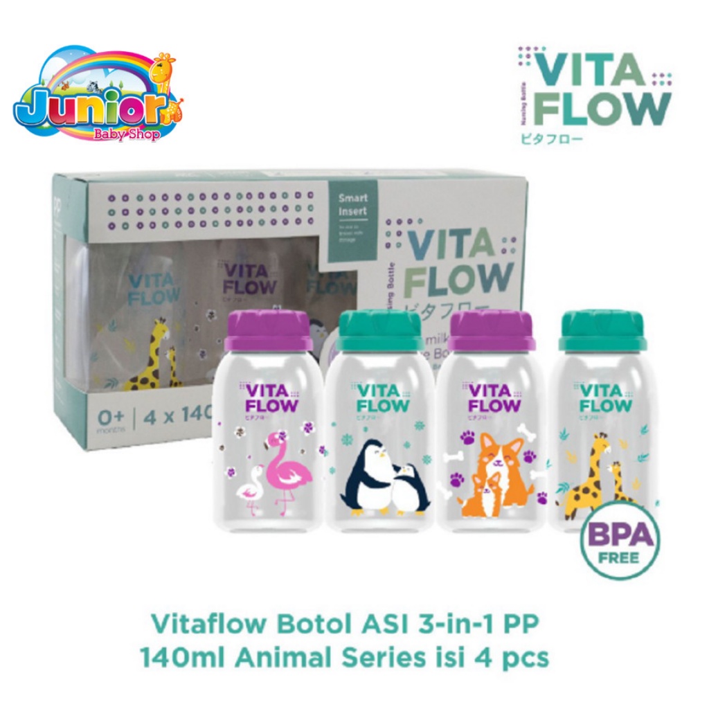 VITAFLOW Breast Milk Storage Bottle 3 in 1 PP 140ml 4 pcs Animal - Botol Penyimpan Asi