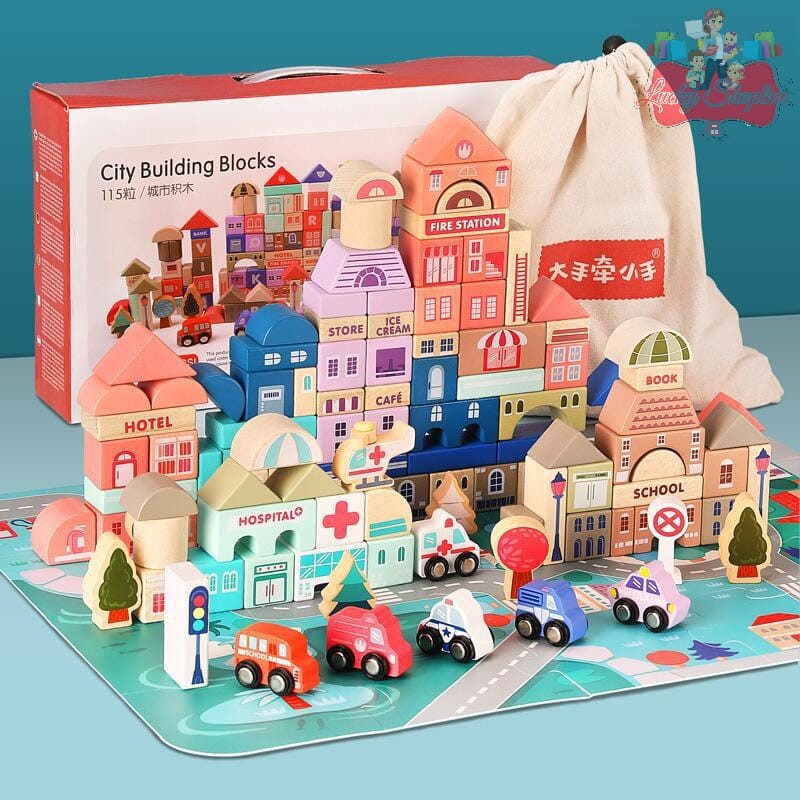 [BIG SALE] WOODEN CITY BUILDING BLOCKS URBAN PASTEL 115 PCS block kayu mainan anak balok 115PCS