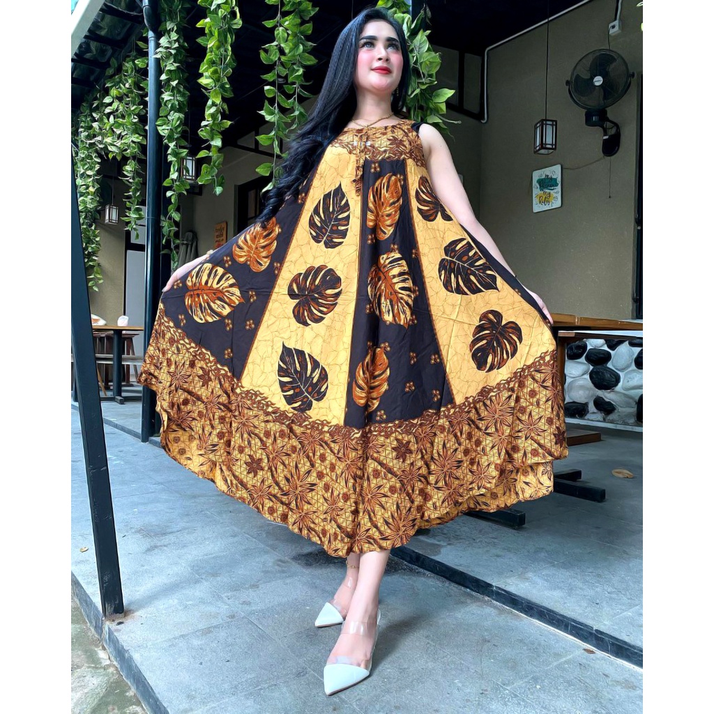 BATIK WANITA KEKINIAN DASTER DRESS RAYON YUKENSI PAYUNG JUMBO SOGAN MONOCROM BUMIL MURAH ADEM