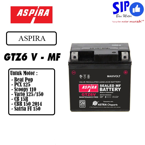 Aki ASPIRA GTZ6V MF - 5Ah Aki Kering motor Satria, Sonic, Beat Esp