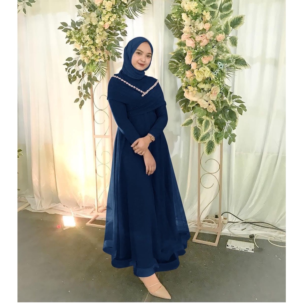 ELDE 12 - DRESS MAXI PRICILLA SIZE M L XL bahan moscrepe aplikasi mutiara tembak mewah dibawah mostcrepe lapis organza full keliling sleting dan karet blkg-8
