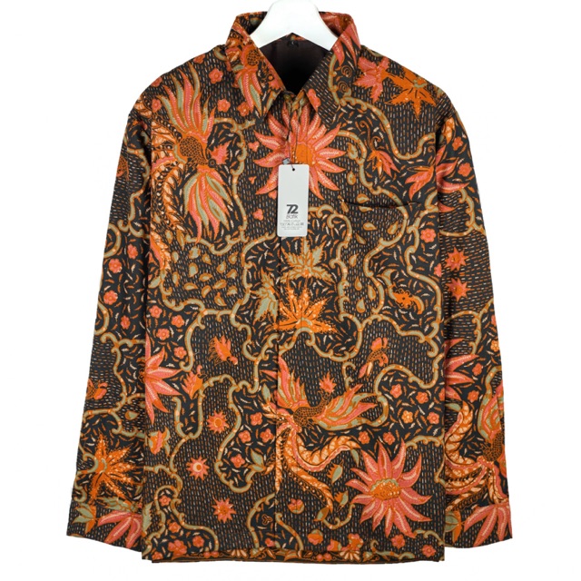 KEMEJA BATIK PRIA Lengan Panjang Premium Warna Hitam Orange Cream 726890 Cap 72 - Baju Kemeja Atasan Pakaian Setelan Batik Pria Cowok Laki Laki Remaja Keluarga Kantor Lengan Panjang Modern Slimfit Slim Fit Premium Kekinian