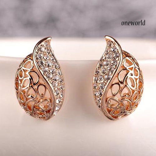 OW@ 1 Pair Fashion Women's Lady Hollow Leaf Rhinestone Ear Stud Earrings Golden Tone