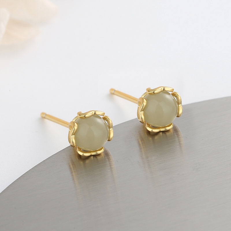 Anting Stud Giok Hetian Natural Untuk Wanita