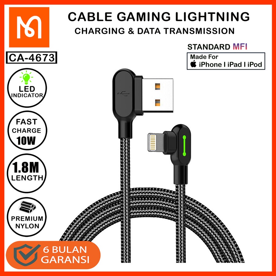 MCDODO CA-467 Cable Lightning Gaming Led 90 Lightning Fast Charging 2A 1.2M 1.8M 3M Kabel Charging Lighting Gaming Letter L