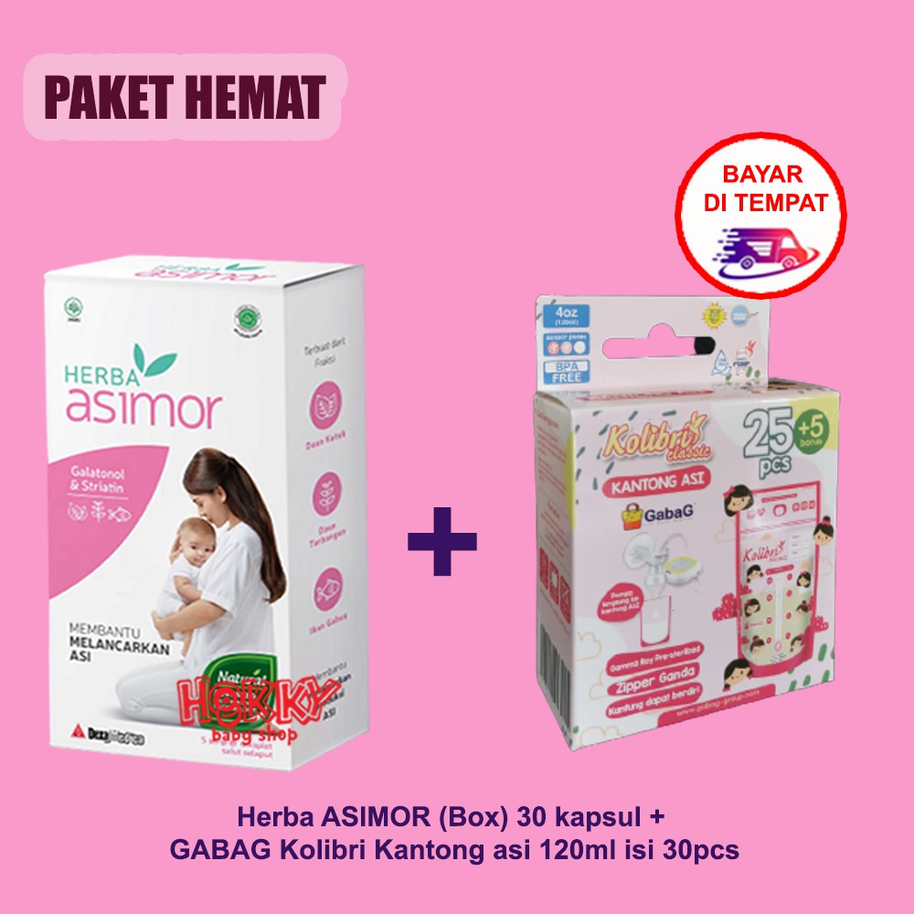 Paket Hemat Pelancar ASI Booster 1 Box HERBA ASIMOR+ 1 Box Gabag Kantong Asi Kolibri 120ml