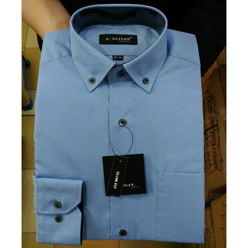 Kemeja Alisan Slim Fit Polos Panjang Kombinasi Dalam Kode B2(Biru Muda Top Quality