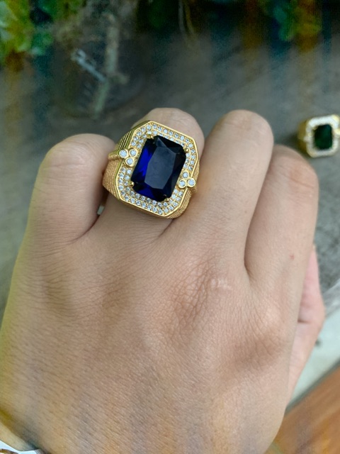 Cincin Pria Luxury Safir Biru Ring Gold Filled Terpadu Mewah Berkelas