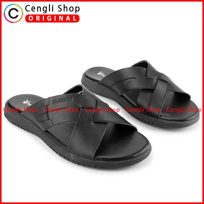 PL47 SANDAL SLIDE PLAYBOY PRIA ORIGINAL CASUAL KULIT BRANDED HITAM