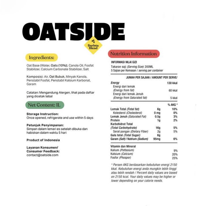 Oatside Barista Oat Milk 1L - Susu Oat Gandum Lactose &amp; Dairy Free