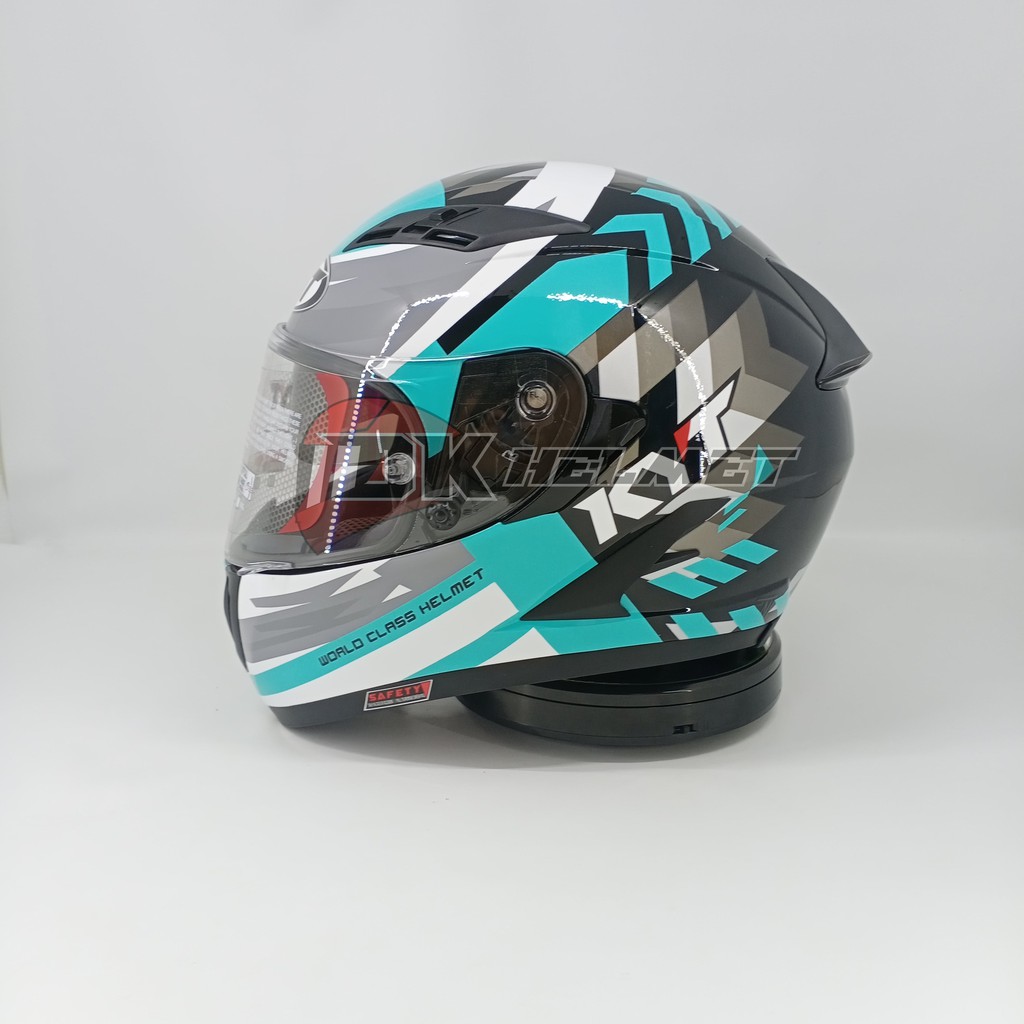 Helm Full Face KYT Falcon FR Flow Black Aqua Blue Flat Visor Double Visor Biru Muda Original Touring