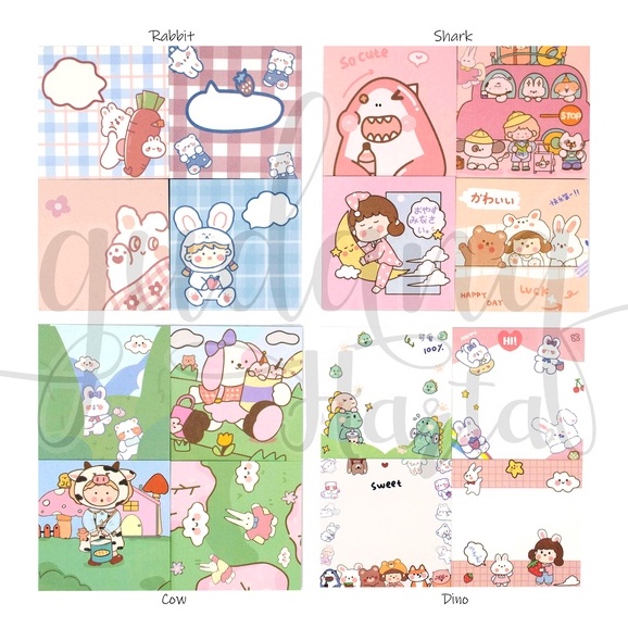 Memo SET 4 Motif Lucu Cow Dino Rabbit Shark Memopad DIY GH 301124