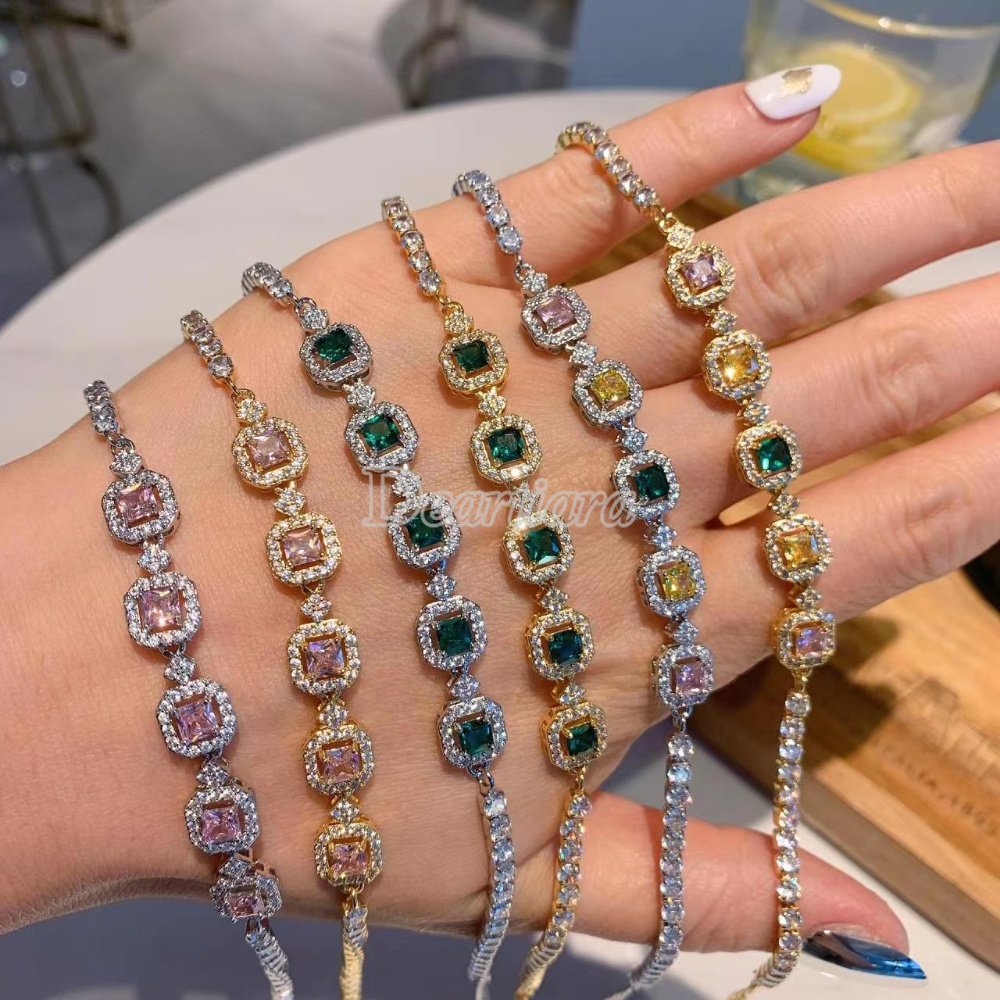 Gelang Tangan Wanita Hias Batu Turmalin Kotak Full Berlian Imitasi