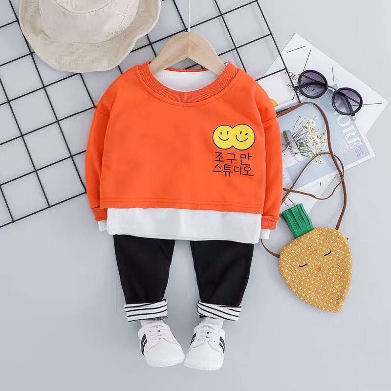 BAJU ANAK SETELAN 3 in 1 MOTIF GAMBAR EMOT SMILE