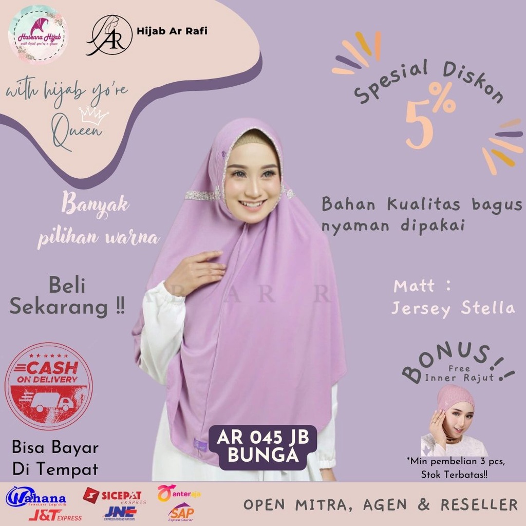 Jilbab Arrafi Hijab Terbaru AR 045 J Serut Jumbo Polos Kombinasi Ped Bunga Matt Stella Senna Store