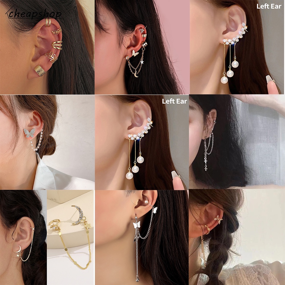 IFYOU Korea Fashion Pearl Metal Ear Clip Set Butterfly Crystal Tassel Earrings Women Jewelry Accessories