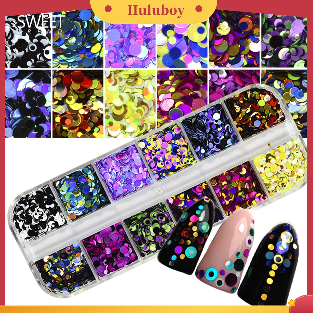 Huluboy Huluboy♡ 12 Grid Payet Glitter Campuran Bentuk Bulat Untuk Dekorasi Manicure