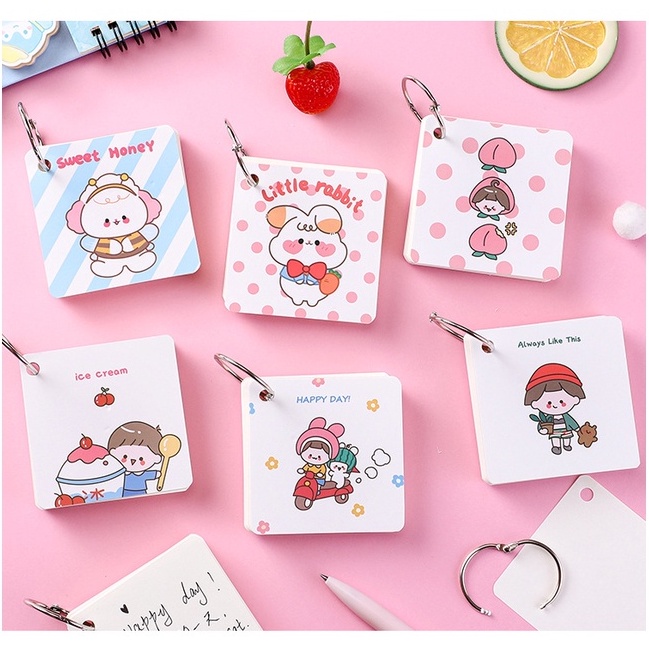 Buku Mini Lucu Dengan Ring Besi Kartu Saku Motif Polos Untuk Catatan Sekolah Notes Notebook Kecil Portable Catatan Pengingat / Penghafal Unik Desain Kartun Animasi Cute Dino Rabbit Anak Anak Sekolah Pelajar Kantor Mini iron Ring Flash Card Cartoon Blank