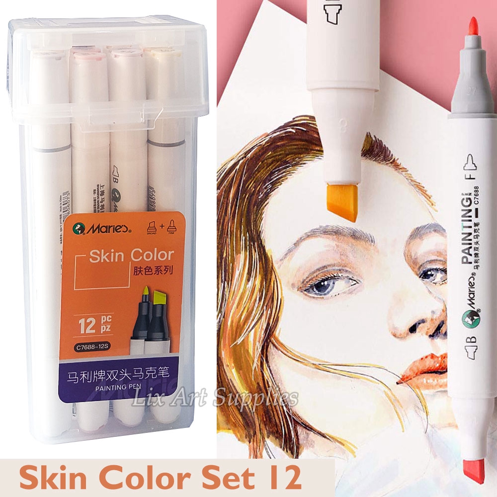 Maries Coloring Marker / Sketch Marker Set 12 SKIN TONES / SKIN COLOR (Like Copic / Finecolour)