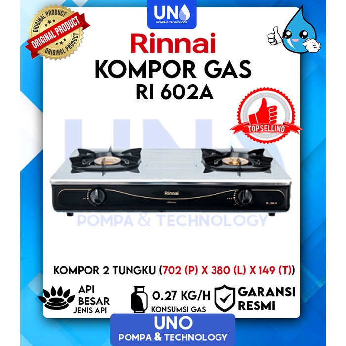 Rinnai Kompor Gas Stainless Steel 2 Tungku Api Besar RI 602 A / RI-602 A / RI602A