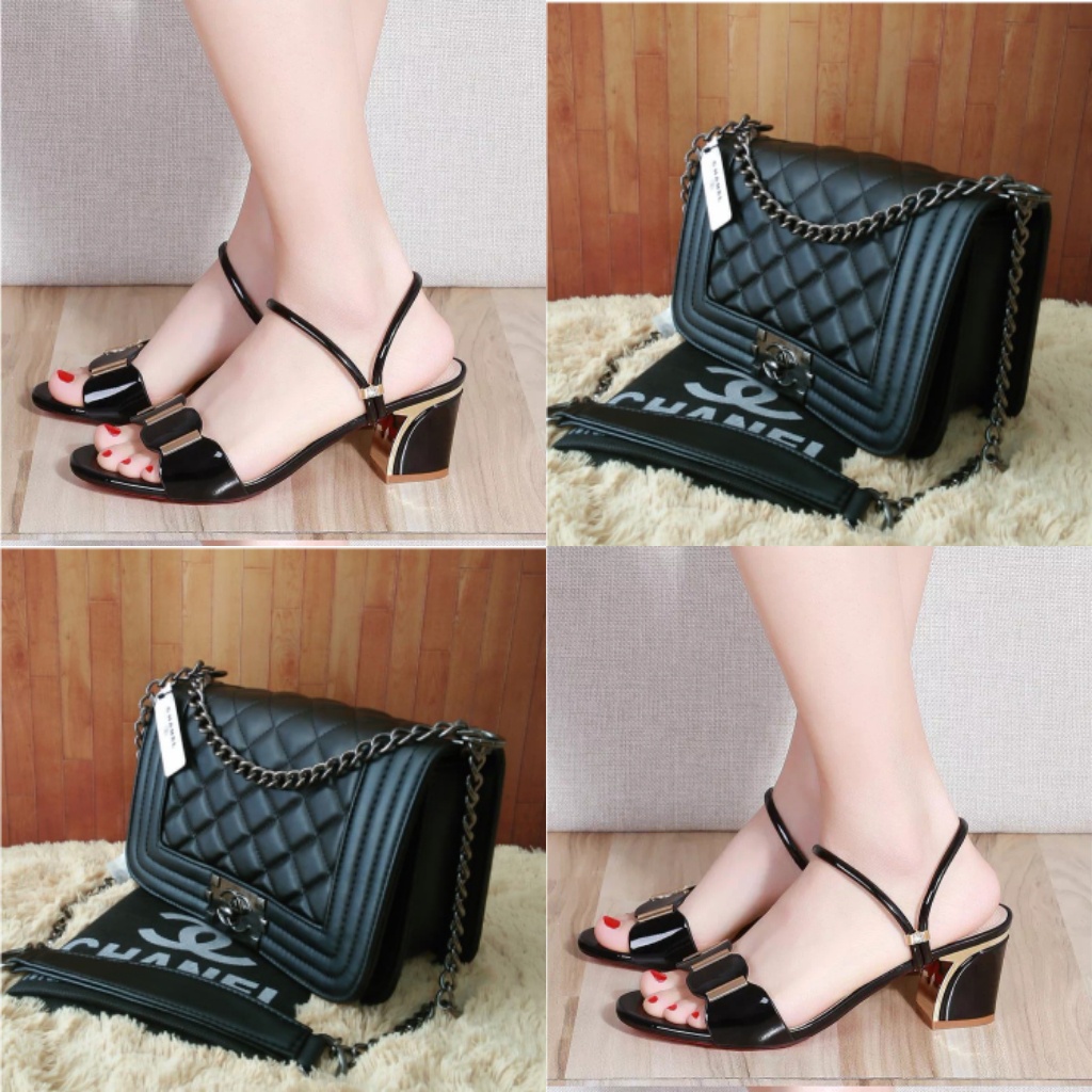 setcombo heels panduwi dan tas rantai