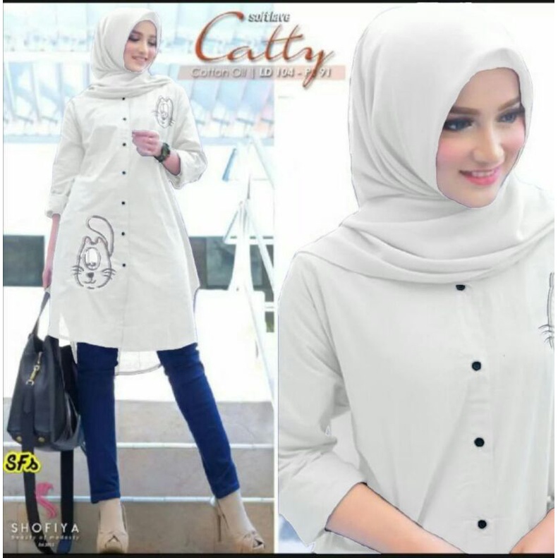 Kemeja wanita catty aksen bordir model terbaru shofiya baju polos model kantor masakini-white