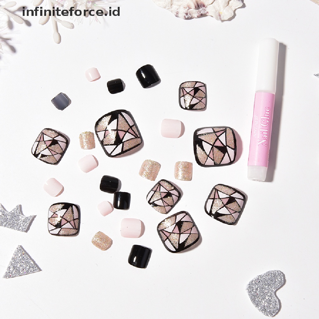 (infiniteforce.id) 24pcs / Set Kuku Palsu Pendek Warna Hitam Untuk Nail Art