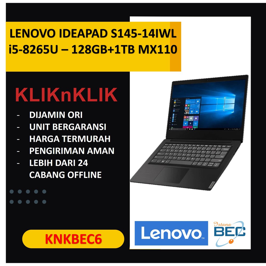 LAPTOP SLIM LENOVO IDEAPAD S145-14IWL i5-8265U RAM 4GB 128GB 1TB nVIDIA MX110-2GB WIN10 BLACK