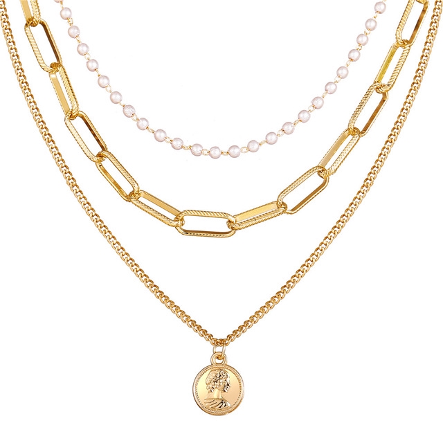 Kalung Rantai Multi Layer Desain Koin Salib Warna Gold Gaya Retro Untuk Wanita