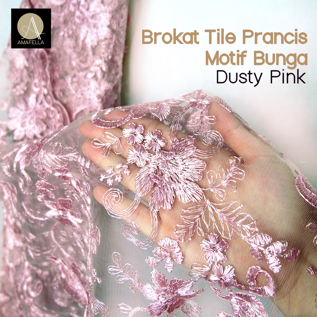 1/2 meter Kain Brokat Tile Prancis Bahan Kebaya Motif Bunga Dusty Pink