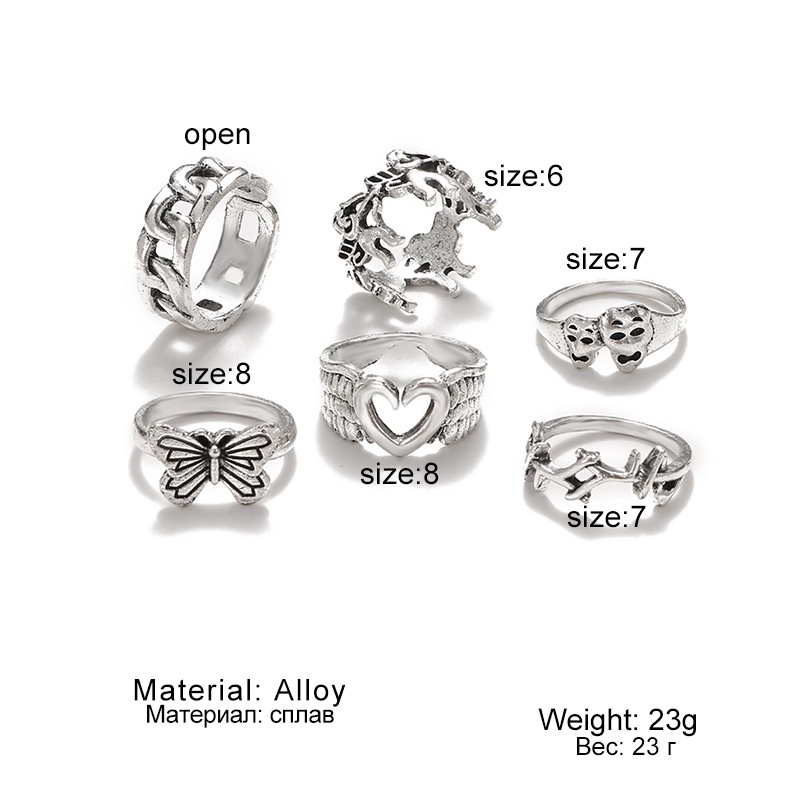 6 piece set opening adjustable personality ring skull exaggerated joint ring Cupid love butterfly ring For women