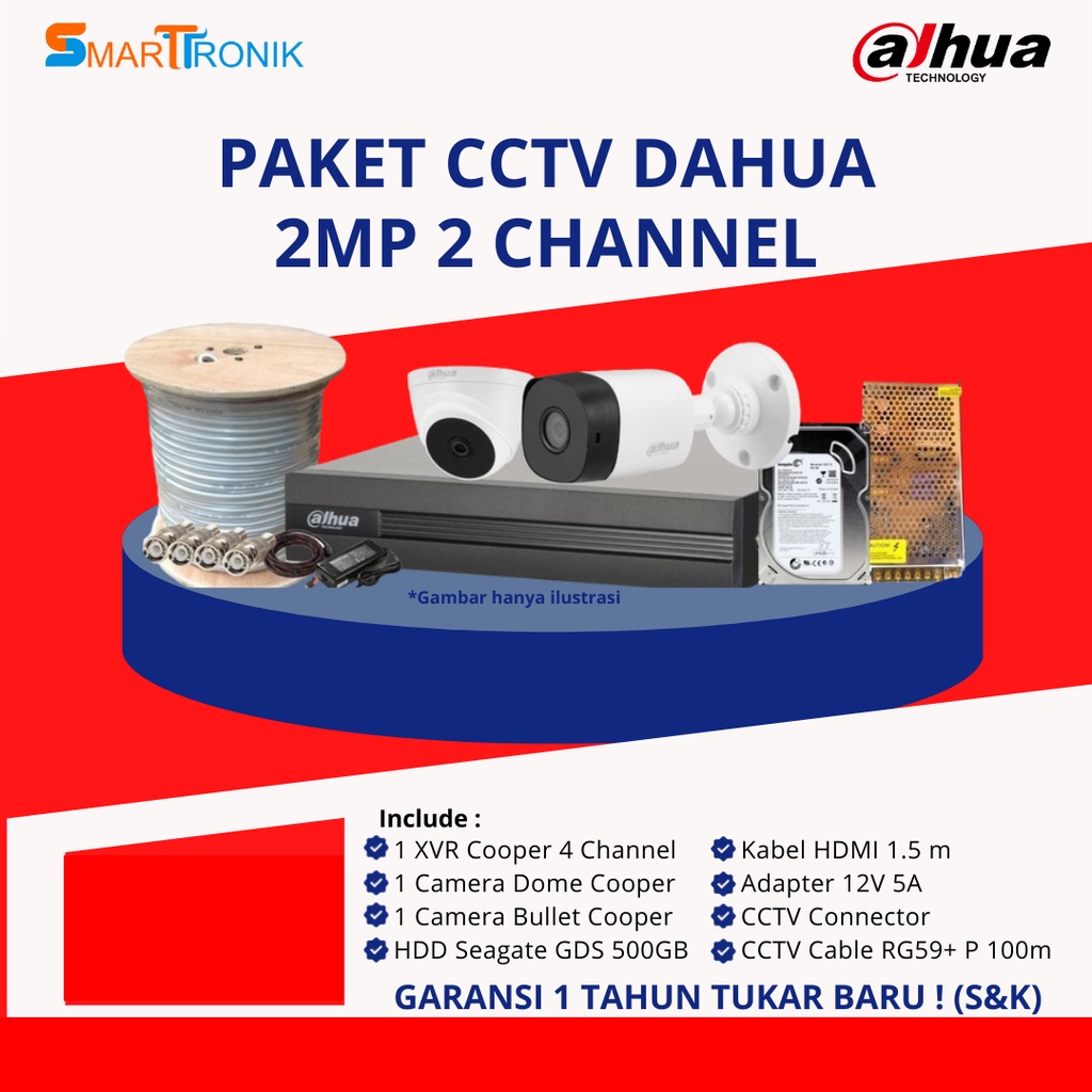 PAKET MURAH CCTV DAHUA 2 MP 2 CHANNEL FULL HD