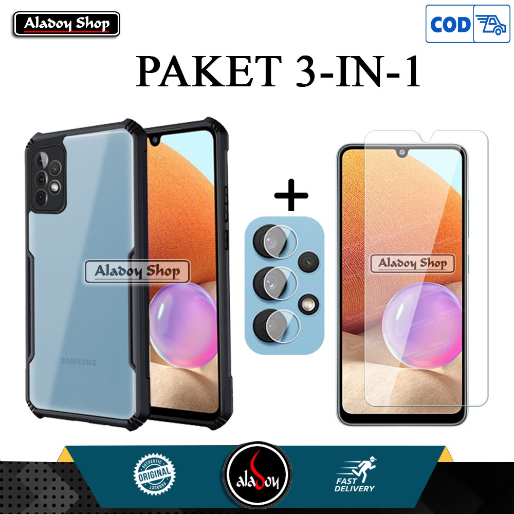 3 IN 1 Case Samsung A32 4G 2021 Soft Case Casing + Tempered Glass Layar Clear + Camera Lens