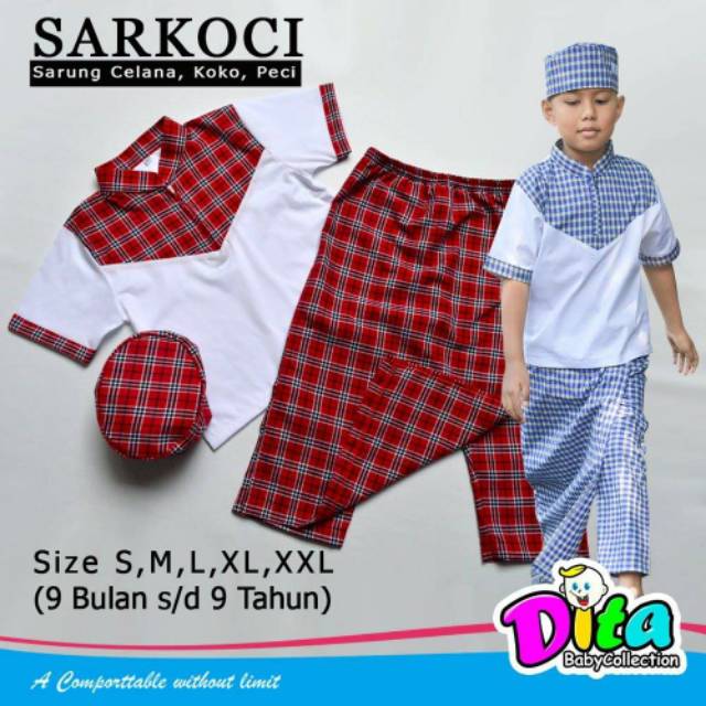 Sarung Celana Koko Peci Lebaran | Sarkoci Anak Lebaran | Sarung Koko Set Peci Anak