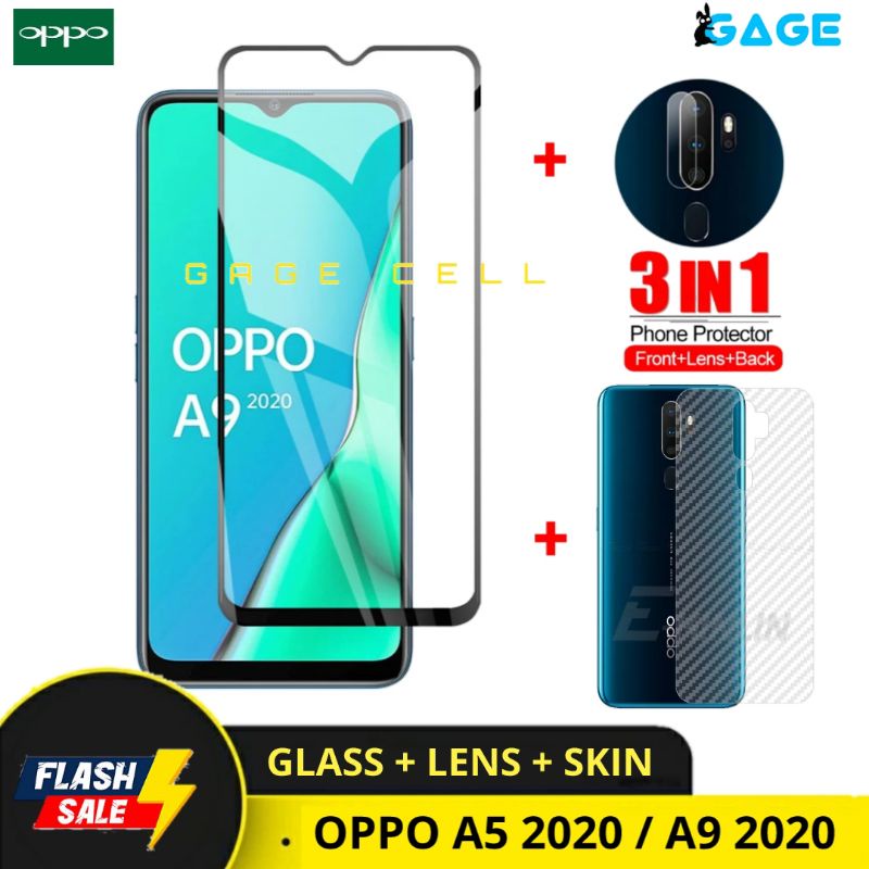 PAKET 3IN1 TEMPERED GLASS LAYAR KAMERA SKIN CARBON OPPO A5 A9 2020 TG ANTI GORES FULL SCREEN