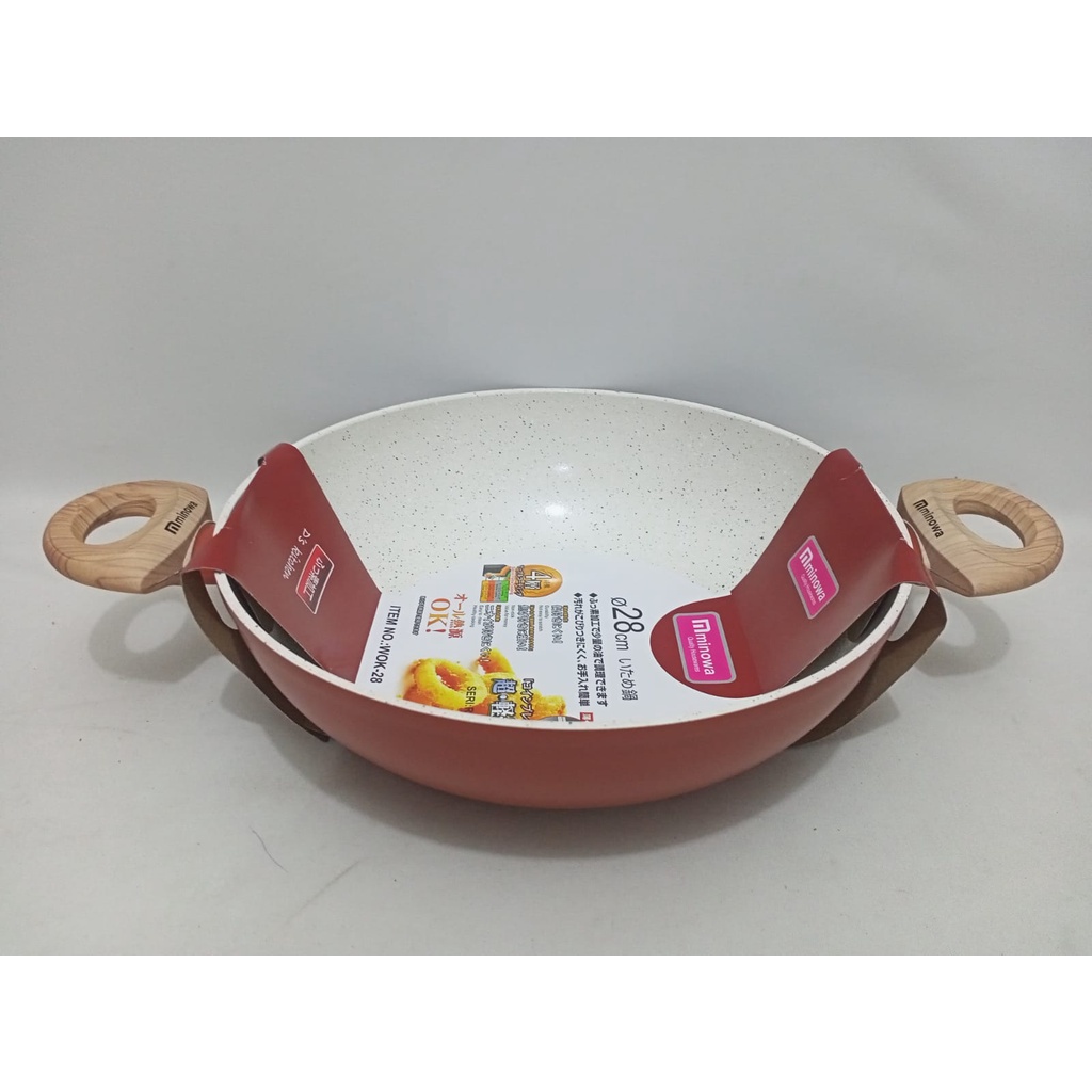 Minowa Wok Pan 28cm Kuali Marble Handle Kayu WOK-28