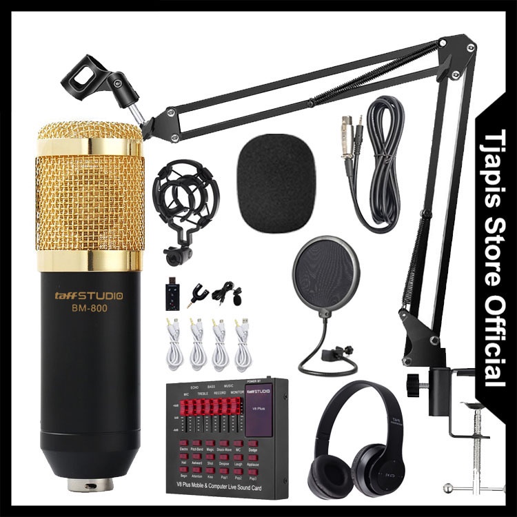 PAKET KOMPLIT MIC CONDENSER STAND ARM BM 800 BM 8000 ORIGINAL TAFFSTUDIO + SOUNDCARD V8 + HEADPHONE
