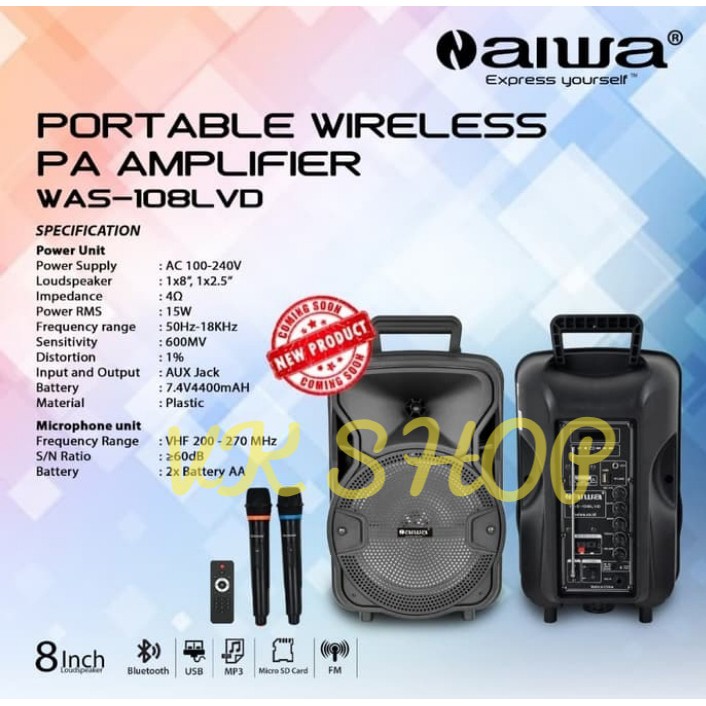 Speaker Portable AIWA 8inch WAS 108 LVD 2 mic pegang