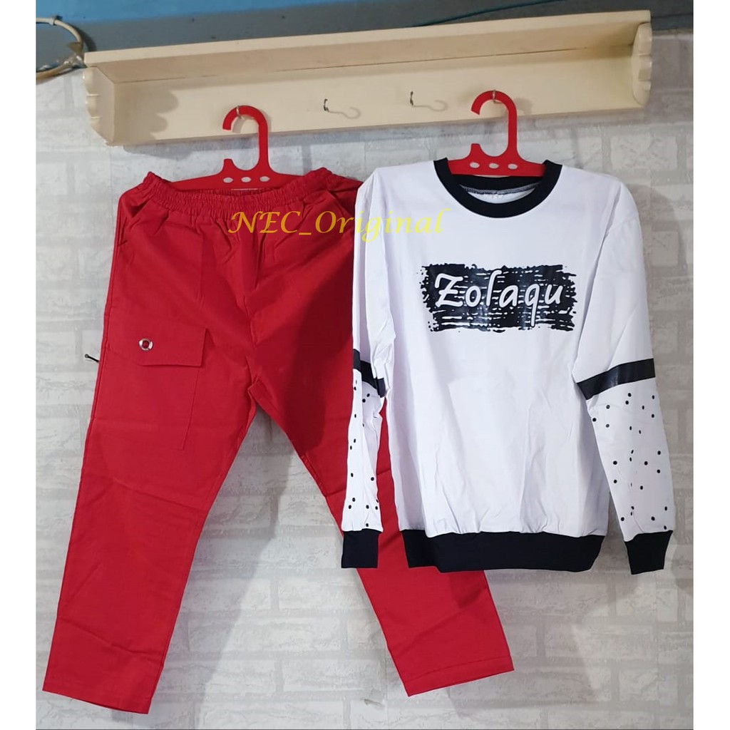 Setelan Wanita Mulimah Celana Cargo Numia Warna Merah Set Atasan Kaos Zolaqu Putih Volkadot Trendy