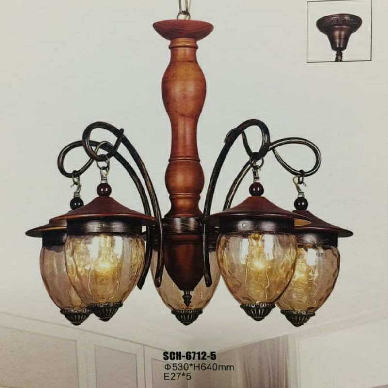 LAMPU GANTUNG KAYU KLASIK 5 LAMPU MODEL JANTUNG