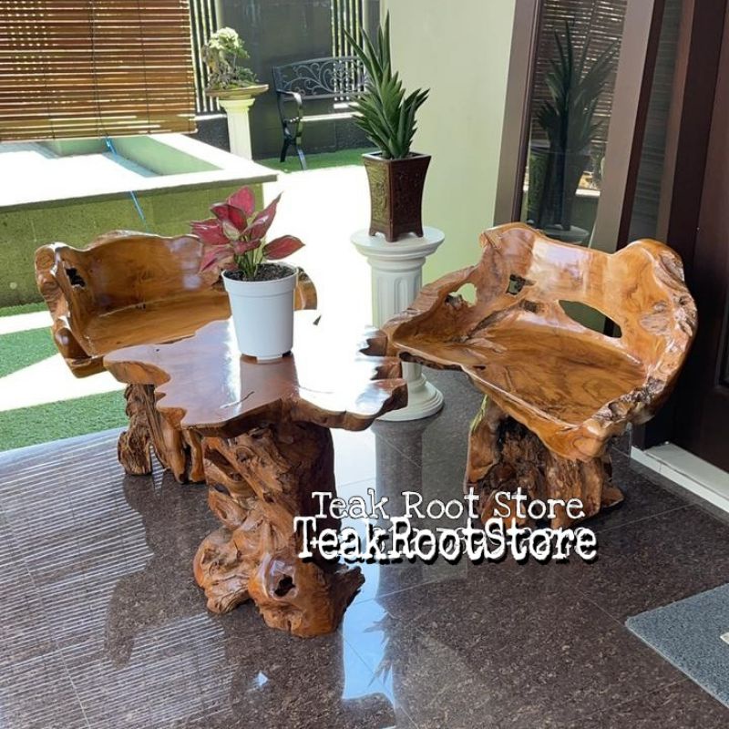 Satu Set Unik Meja Teras atau Taman dengan 2 Kursi Akar Kayu Jati