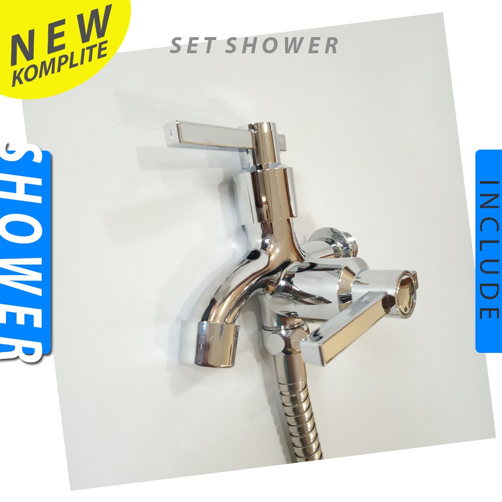 Paket Shower 1 Set Shower + Kran Cabang 1/2inch + Selang 150cm + Hanger Shower