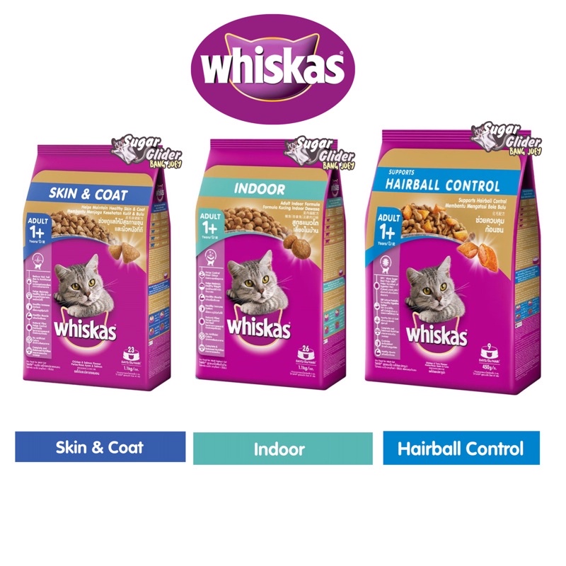 WHISKAS ADULT 1,1kg INDOOR HAIRBALL CONTROL SKIN &amp; COAT DRAY FOOD MAKANAN KUCING DEWASA CAT FOOD