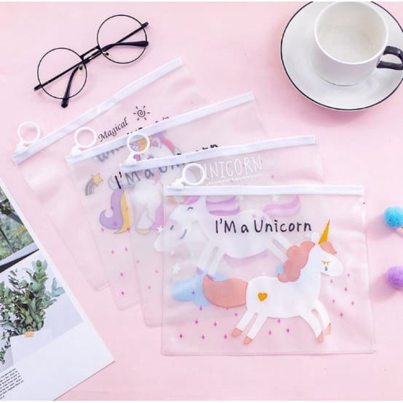 (COD) Pouch kosmetik transparan Motif Unicorn dan Pink panter Tas kosmetik Karakter lucu