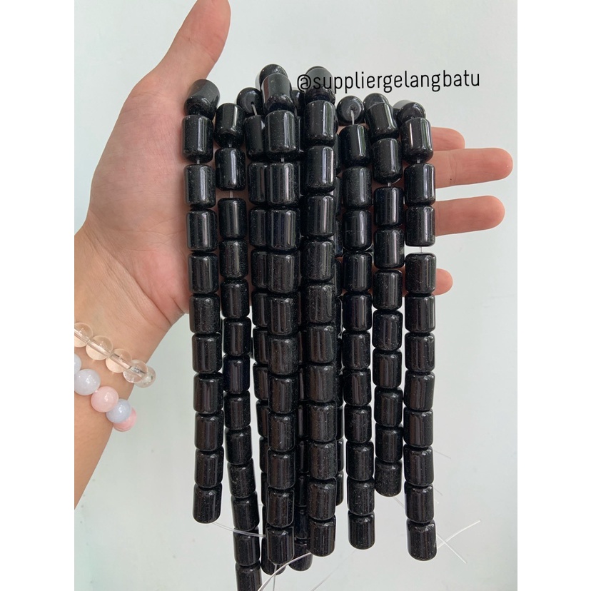 bahan renceng batu BLACK ONYX agate tabung HITAM 14mm gelang kalung